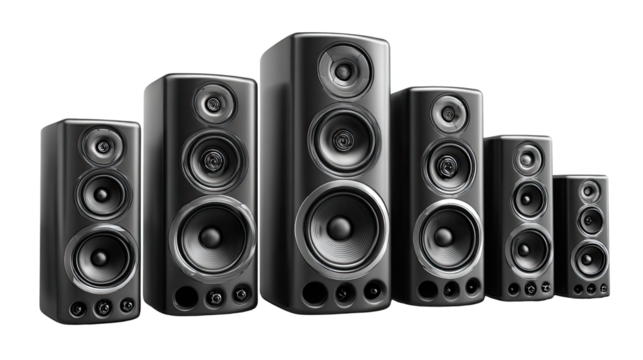 Harmony of Sound: A collection of sleek, black loudspeakers stand in perfect unison. A visual symphony, representing the core essence of audio innovation.