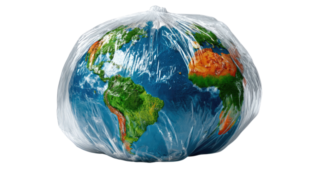 Earth in Crisis: Our planet, encapsulated and suffocated by a transparent plastic, symbolizing the urgent environmental crisis, global pollution, and unsustainable practices facing our world.