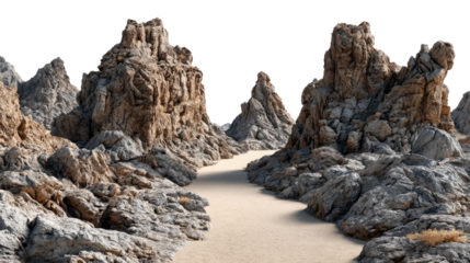 The Majestic Pathway: A scenic panorama of weathered rock formations, casting shadows upon a sandy path, leads the eye toward the horizon.