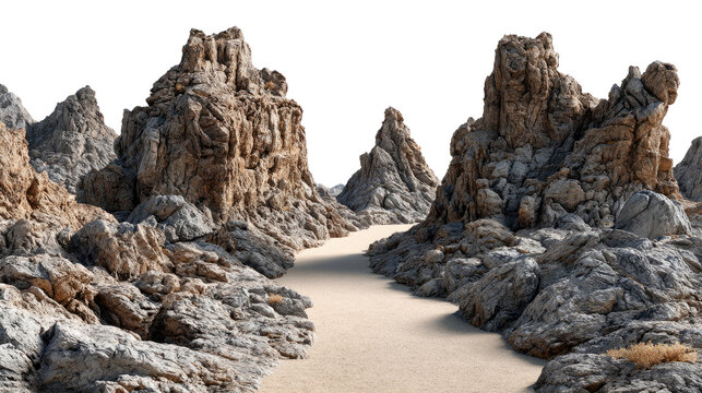 The Majestic Pathway: A scenic panorama of weathered rock formations, casting shadows upon a sandy path, leads the eye toward the horizon.