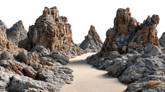 The Majestic Pathway: A scenic panorama of weathered rock formations, casting shadows upon a sandy path, leads the eye toward the horizon.