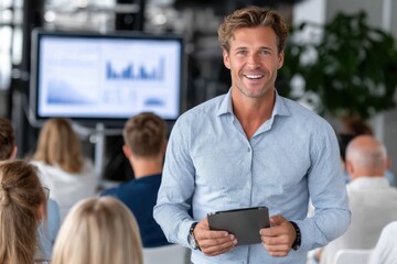 Business professional engaging an audience during a presentation in a modern conference room