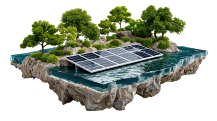 Green Energy Oasis: A scenic island paradise showcases sustainable living, with lush trees and a photovoltaic solar panel harnessing the sun's energy, symbolizing eco-friendly innovation.