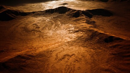 The surreal Martian landscape unveils a vast expanse of rocky mountains and textured surfaces bathed in a warm, golden glow.