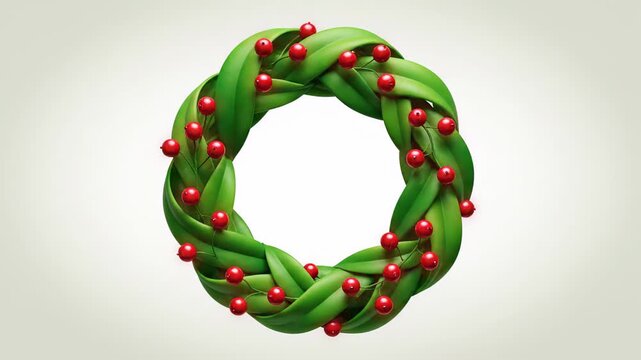 Green foliage transitions into a vibrant wreath adorned with red berries, showcasing a seamless evolution of festive decoration, camera zooms in for detail
