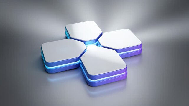 Dynamic transformation of a futuristic geometric object, showcasing gradual unfolding and illumination, with vibrant colors and smooth transitions, emphasizing modern design concepts