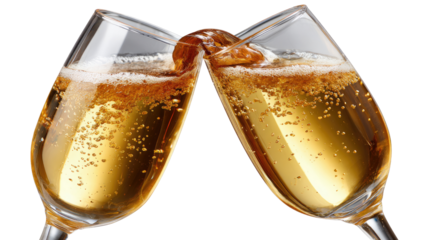 Cheers to the Celebration: Two champagne glasses clink, overflowing with sparkling golden liquid, symbolizing a moment of celebration, happiness, and shared joy.