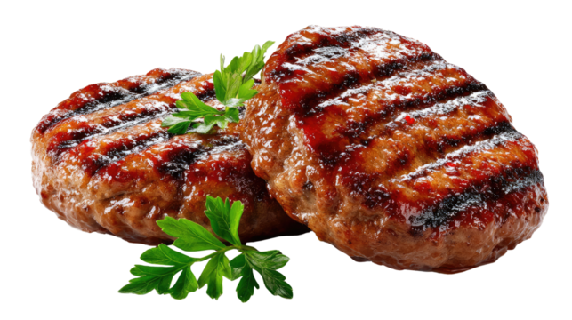 Grilled Burgers: A mouthwatering display of two perfectly grilled burgers, with beautiful grill marks and garnished with fresh green herbs. An invitation to culinary delight and savory flavors.