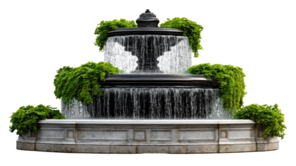 Elegant Fountain with Verdant Embellishments: A classic tiered fountain adorned with lush greenery cascades water gracefully.
