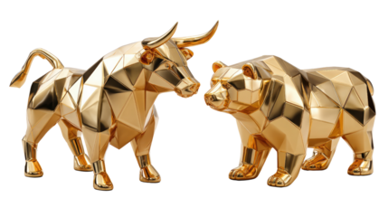 Bull and Bear Symbolize the Financial Market: Two golden sculptures, a bull and a bear, stand side by side, symbolizing the complexities of the financial market, each represents market trends