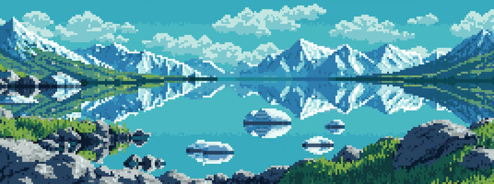 Pixel Art Glacier Lake Landscape with Mountain Range and Reflectio