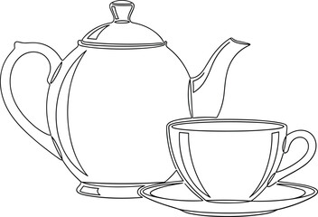 Line art drawing of a teapot and teacup isolated on white background