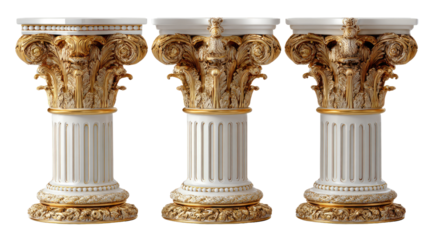 Ancient Pillars: Capturing the timeless allure of historical architecture, three elegant, detailed pillars, adorned with ornate gold accents, stand in unison. Evoking a sense of history.