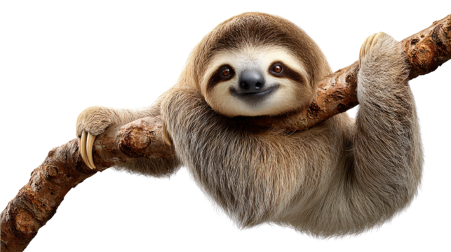 Sloth on Branch: The portrait of a sloth happily perched on a sturdy tree branch in its natural habitat, symbolizing the beauty of wildlife