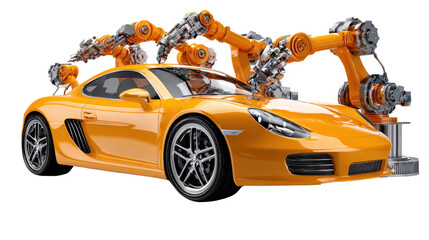 Automated Assembly: A vibrant orange sports car takes center stage as robotic arms orchestrate its creation, a testament to efficiency and technological innovation.
