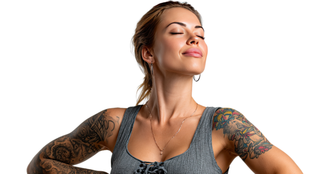 Serene Silhouette: A tattoo-adorned woman stands tall, radiating serenity as her eyes close gently. Her self-assured posture and confident gaze showcase inner strength and tranquility. 