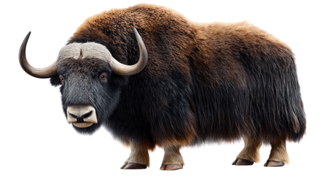 Majestic Musk Ox Portrait: A captivating view of a robust musk ox, showcasing its shaggy, thick coat and impressive, curved horns. This animal stands proudly, symbolizing strength and resilience.