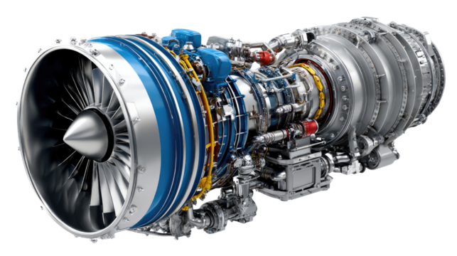 Jet Engine: Detailed view of a powerful jet engine, showcasing the intricate engineering and technological prowess.