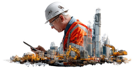 Construction Vision: An engineer studies a tablet in front of a layered city with construction site, showcasing expertise and planning.
