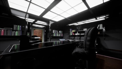 Fototapeta premium A contemporary office space features a black desk and rolling chair. Shelves filled with folders and documents create an organized atmosphere.