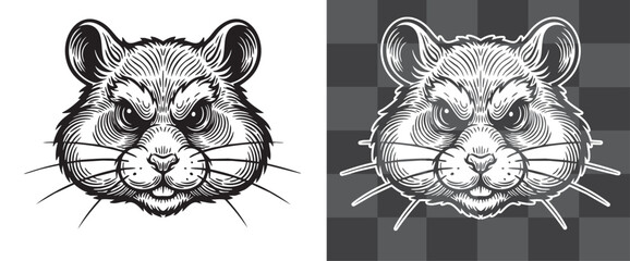Obraz premium Vintage vector engraving illustration of hamster head in monochrome and outline versions isolated on transparent background, detailed small animal artwork for emblem, tattoo, or design projects
