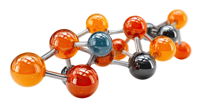 Molecule's intricate Dance: A close-up view reveals a captivating molecule model with various colorful spheres interconnected by rods. This detailed view shows the structure and arrangement of atoms.