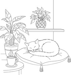 Line drawing of a sleeping cat on a cushion with plants isolated on white background