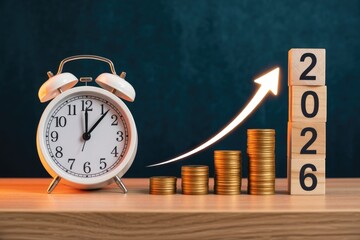 Financial growth new year 2026 concept with clock and coin stacks showing success and rising investment