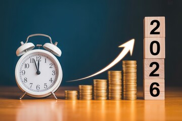 Financial growth new year 2026 concept with clock and coin stacks showing success and rising investment
