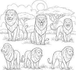 Line drawing of a lion family in the savannah isolated on white background