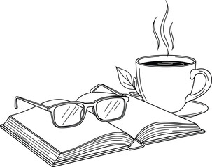 Open book with glasses and steaming coffee cup isolated on white background
