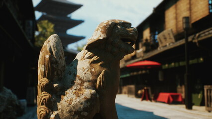 A weathered stone lion sculpture stands guard on a cobblestone street in an ancient marketplace. Wooden buildings surround it, showcasing a glimpse of daily life and historical charm.