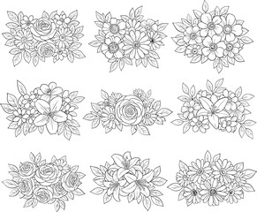 Nine detailed illustrations of small green plants isolated on white background