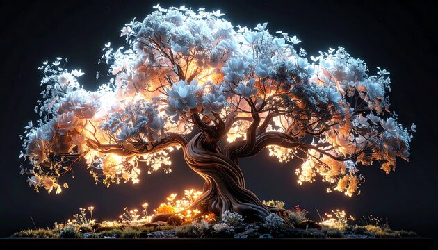 filigran, leuchtender, wei&szlig;er Baum - umgeben von Bl&uuml;ten - abstrakt, Fantasie, M&auml;rchen - schwarzer Hintergund