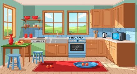 Vibrant and Cheerful Stylized Cartoon Kitchen Interior Featuring Warm Wooden Cabinets, Essential Appliances, and Sunny Windows, Creating a Cozy Domestic Setting for Everyday Life