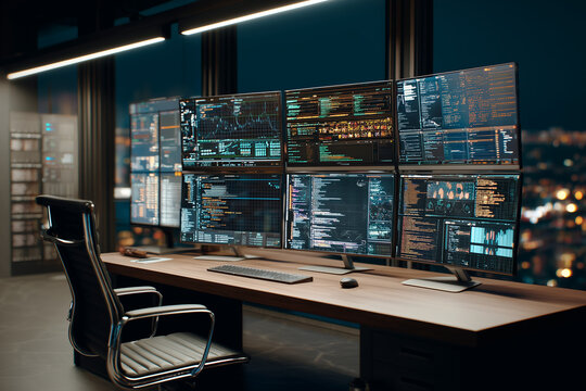 High-tech workspace with multiple screens at night overlooking city  