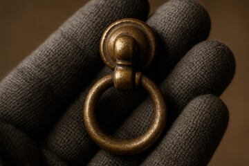 Vintage Cabinet Pull: An antique brass cabinet pull with a circular ring handle, elegantly held, showcasing its classic design and aged charm.