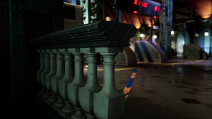 Fototapeta premium In a bustling city center, a decorative railing leads towards colorful tents, while vivid lights cast a warm glow on the surroundings, creating an inviting and lively ambiance at dusk.