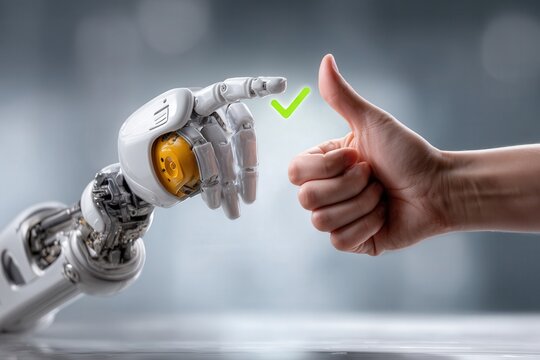 Robotic hand reaching out to a human thumb in a gesture of approval symbolizing collaboration between technology and humanity showcasing innovation and trust in the digital age