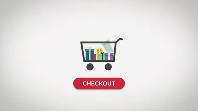 Shopping cart animation transitions from empty to filled with colorful gifts, culminating in a checkout button, showcasing a seamless flow of online shopping experience