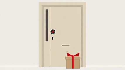 Shopping cart fills with colorful gift boxes, transitions to checkout button, culminating in a door with a present, illustrating the online shopping experience and delivery process - Powered by Adobe