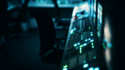 In a dimly lit control room, a desk is filled with glowing buttons and screens. The atmosphere is tense and focused as technology hums softly in the background during late hours.