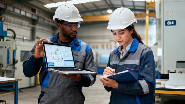 Industrial engineers reviewing technical drawing on laptop inside a manufacturing plant. Man and woman collaborating on a project. Panning medium shot.