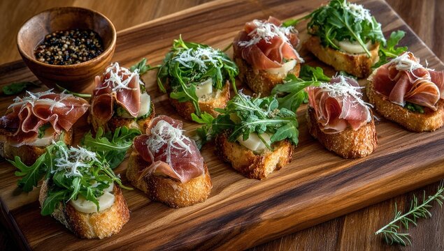 Toasted bread topped w/ prosciutto, cheese, & arugula