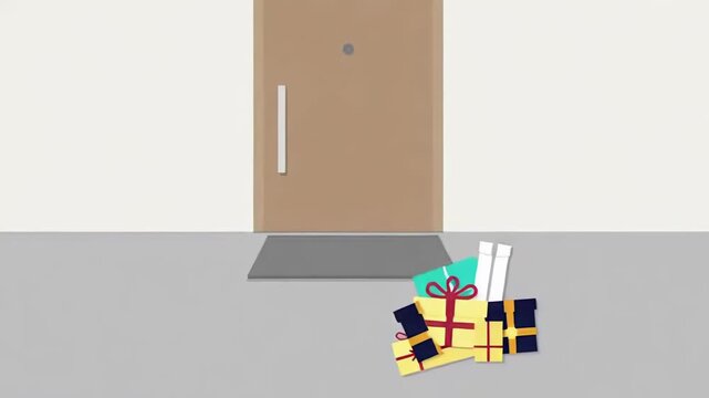 Shopping cart filled with colorful wrapped gifts rolls towards a door, showcasing the excitement of delivery, camera pans smoothly to reveal the scene's conclusion