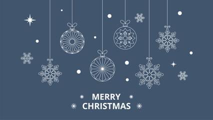 Elegant minimalist blue and white merry christmas banner vector, hanging ornaments snowflakes line art background template.