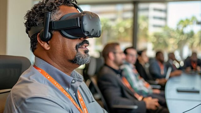 A man wearing a virtual reality headset interacts with digital elements at a conference held in a contemporary office space. Colleagues are engaged in similar activities nearby