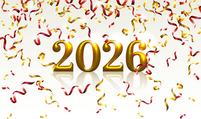 Festive new year 2026 celebration with colorful confetti and golden numbers