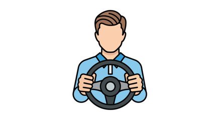 Man holding a steering wheel within a circular frame silhouette
