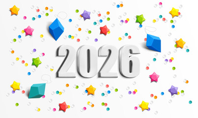 Festive new year celebration 2026 with colorful stars and confetti